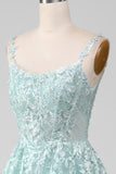 Glitter Mint A-Line Tylle Long Prom kjole med blonder