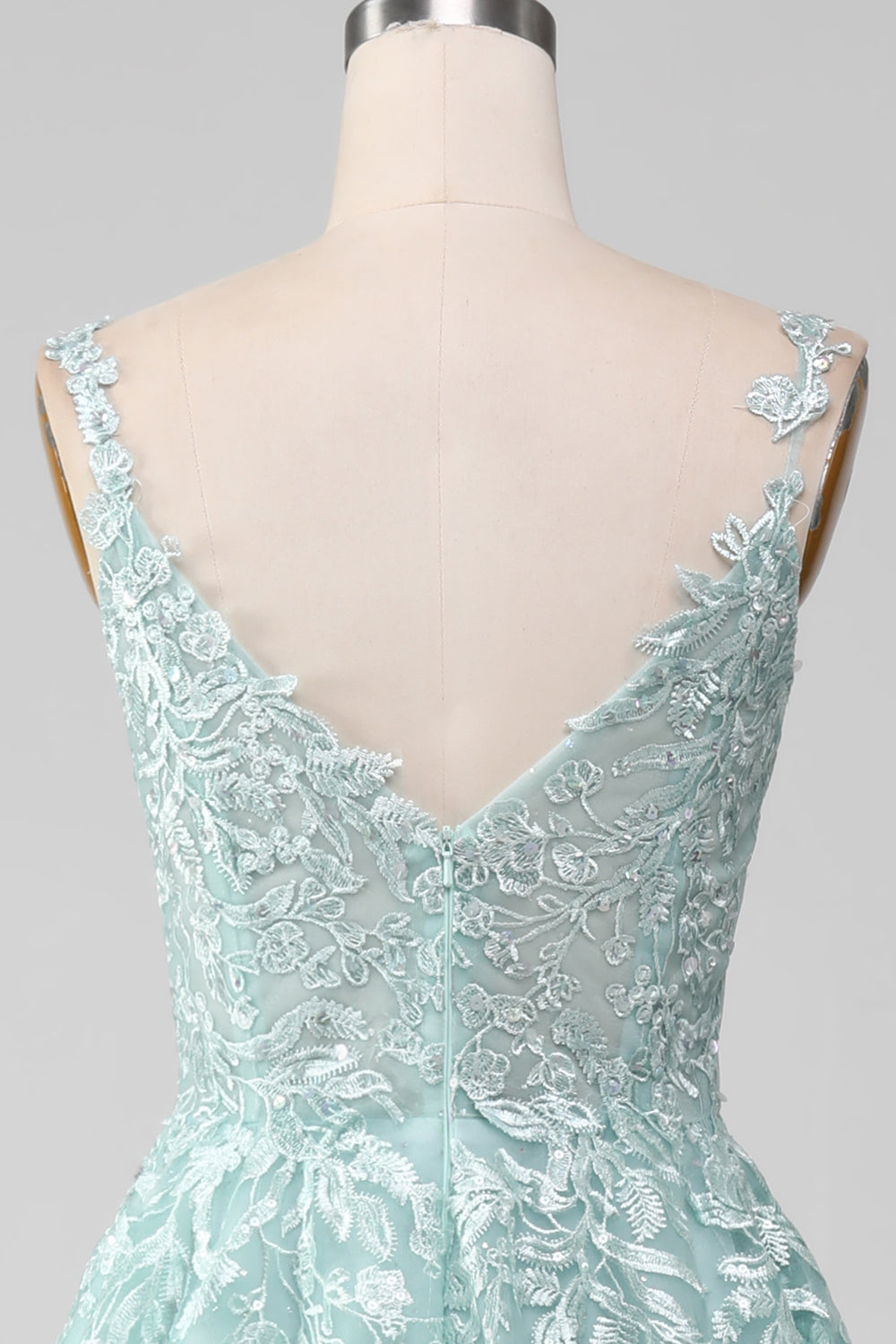 Glitter Mint A-Line Tylle Long Prom kjole med blonder