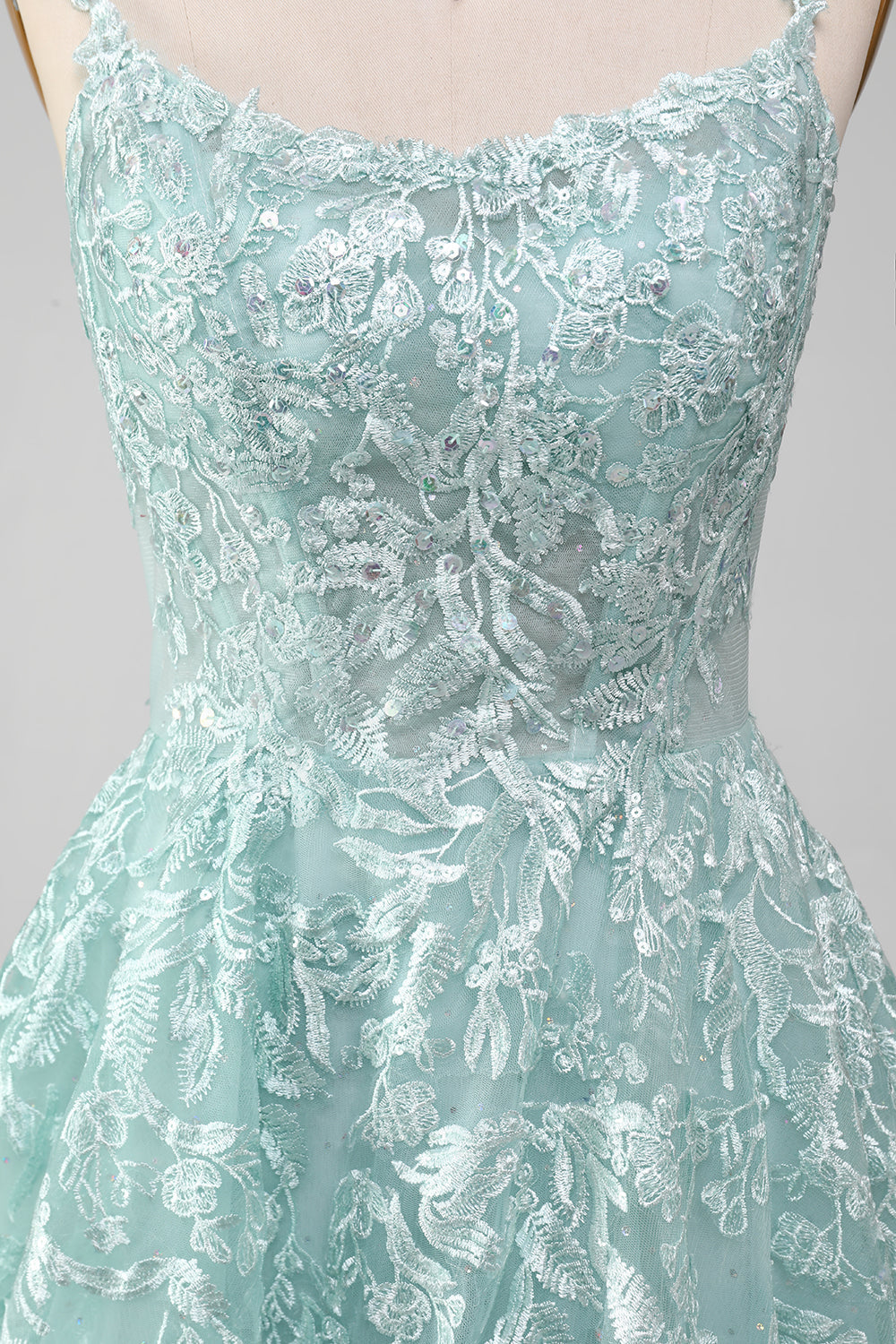 Glitter Mint A-Line Tylle Long Prom kjole med blonder