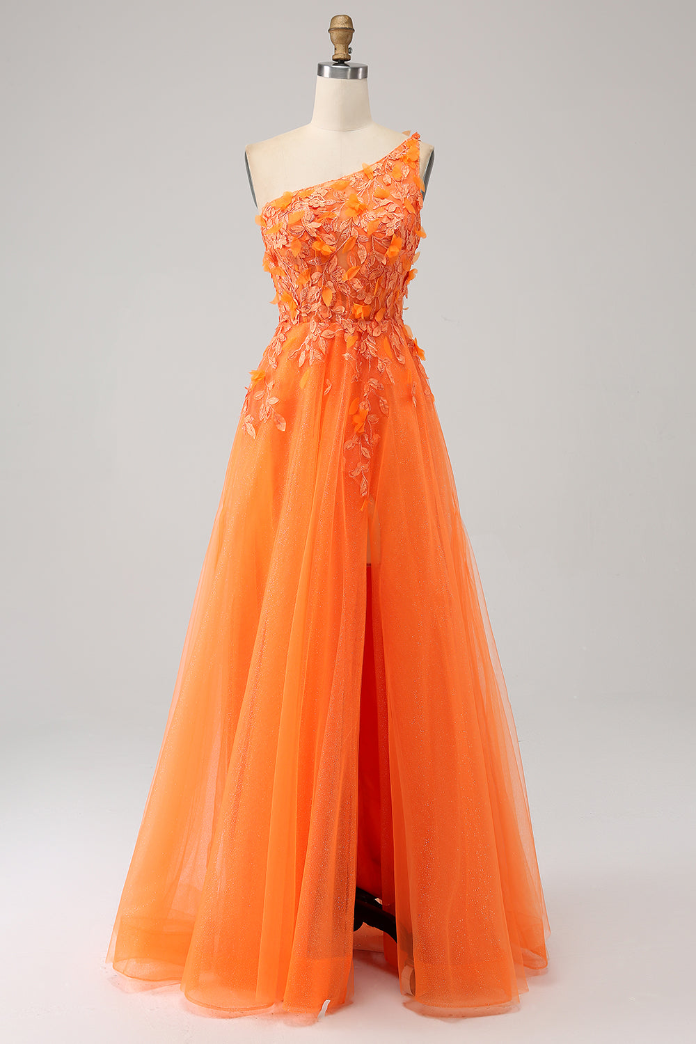 Oransje One Shoulder A-Line Tylle Long Prom Kjole med Appliques
