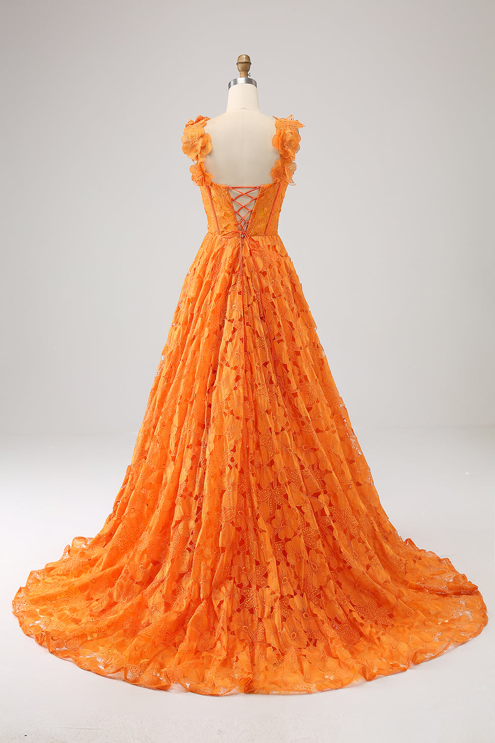 Oransje A-Line Floral Lace Long Prom Dress