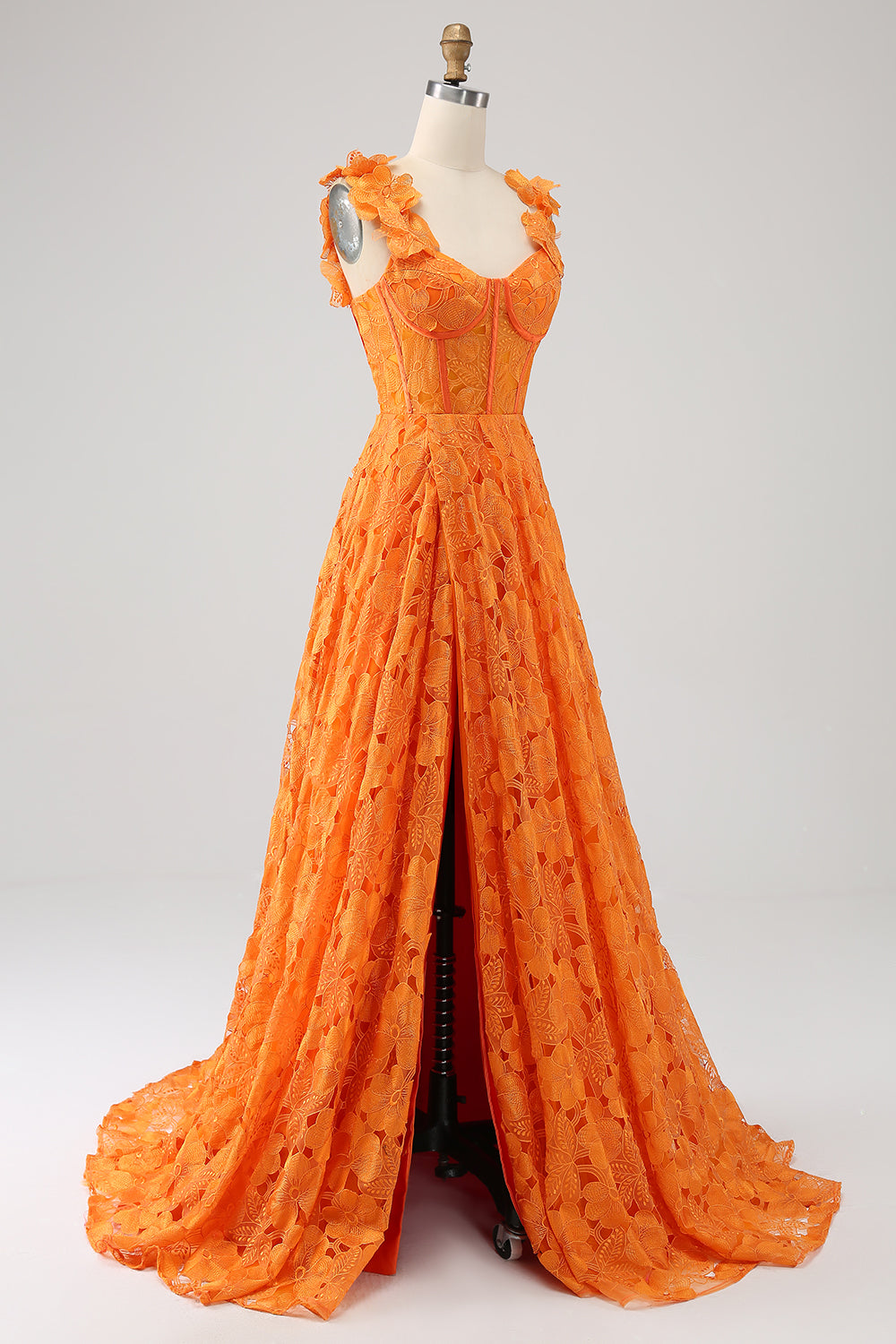 Oransje A-Line Floral Lace Long Prom Dress