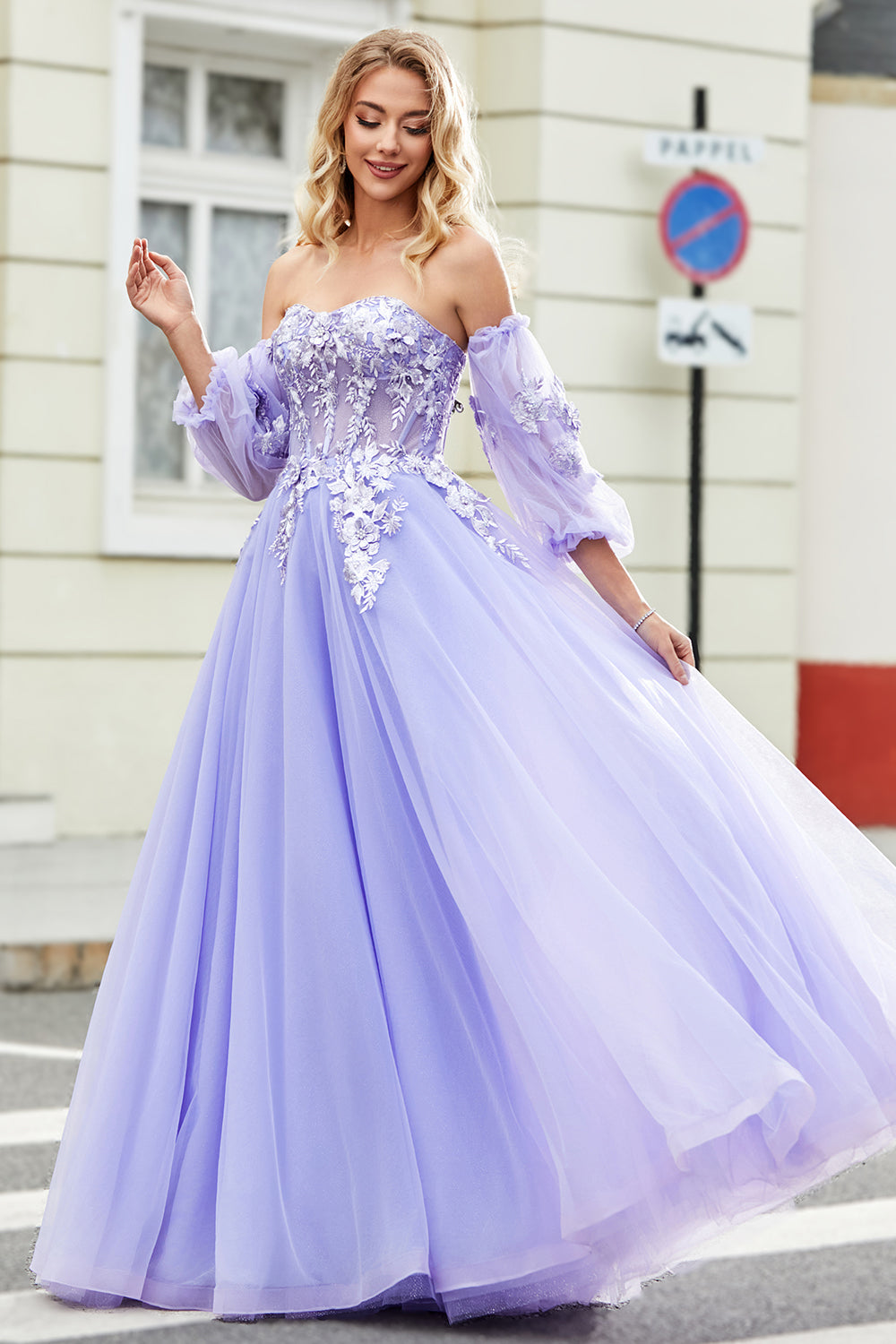 Nydelig en linje av skulderen Lavendel korsett Prom kjole med Appliques
