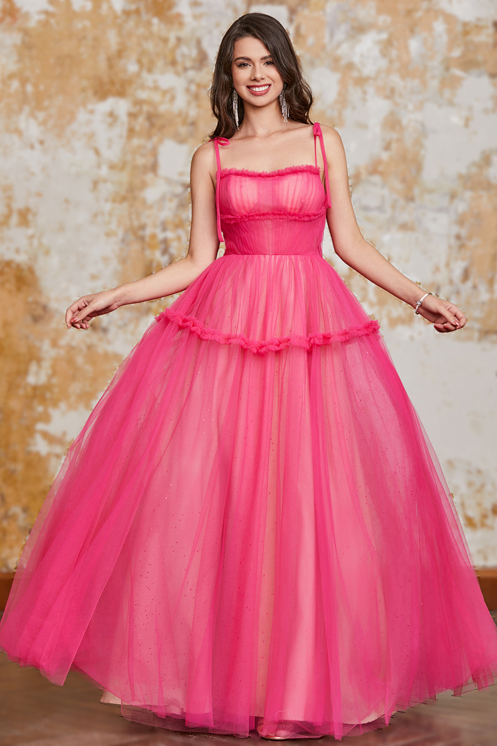 Prinsesse A Line Spaghetti stropper Fuchsia Long Prom Kjole med Ruffles