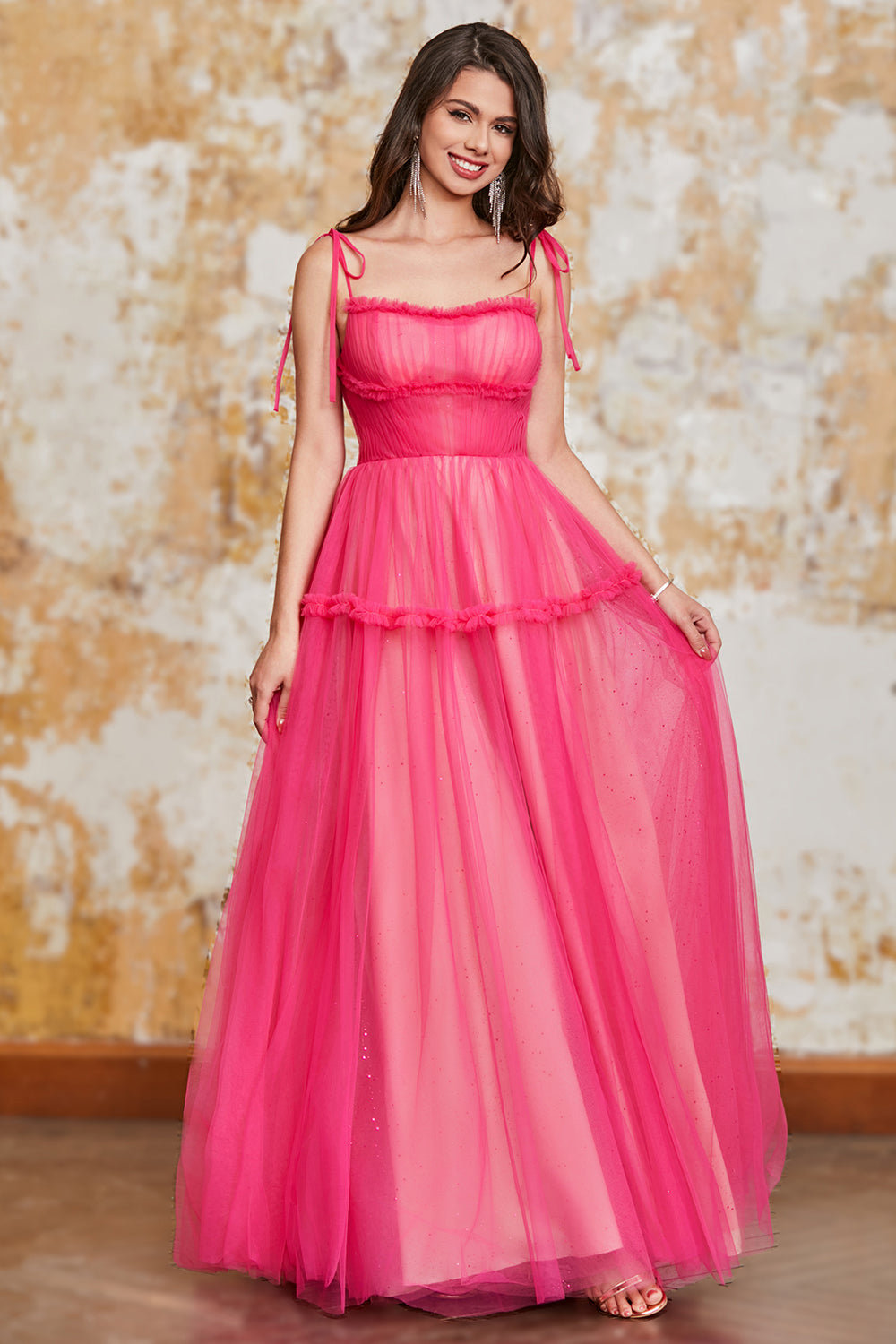 Prinsesse A Line Spaghetti stropper Fuchsia Long Prom Kjole med Ruffles