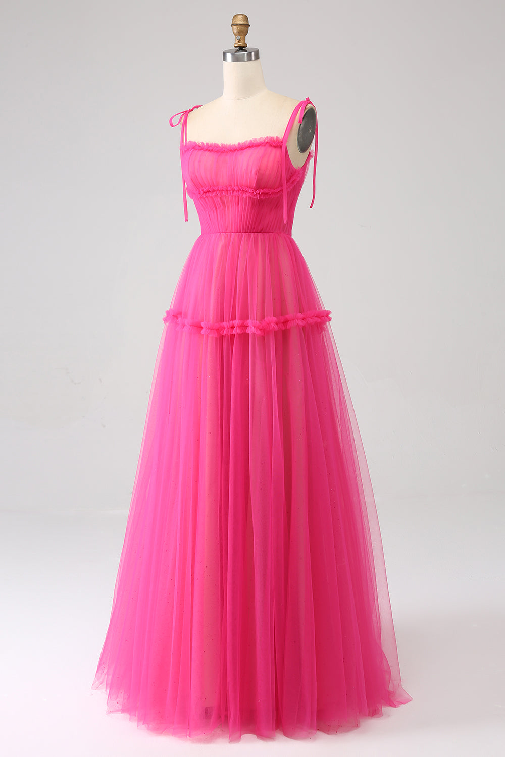 Fuchsia A-Line Ruffled Long Tylle Prom Dress
