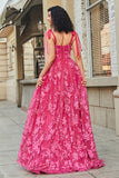 Spaghetti stropper Hot Pink A-Line Long Prom Kjole med Slit