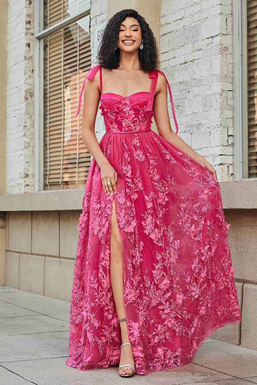 Spaghetti stropper Hot Pink A-Line Long Prom Kjole med Slit