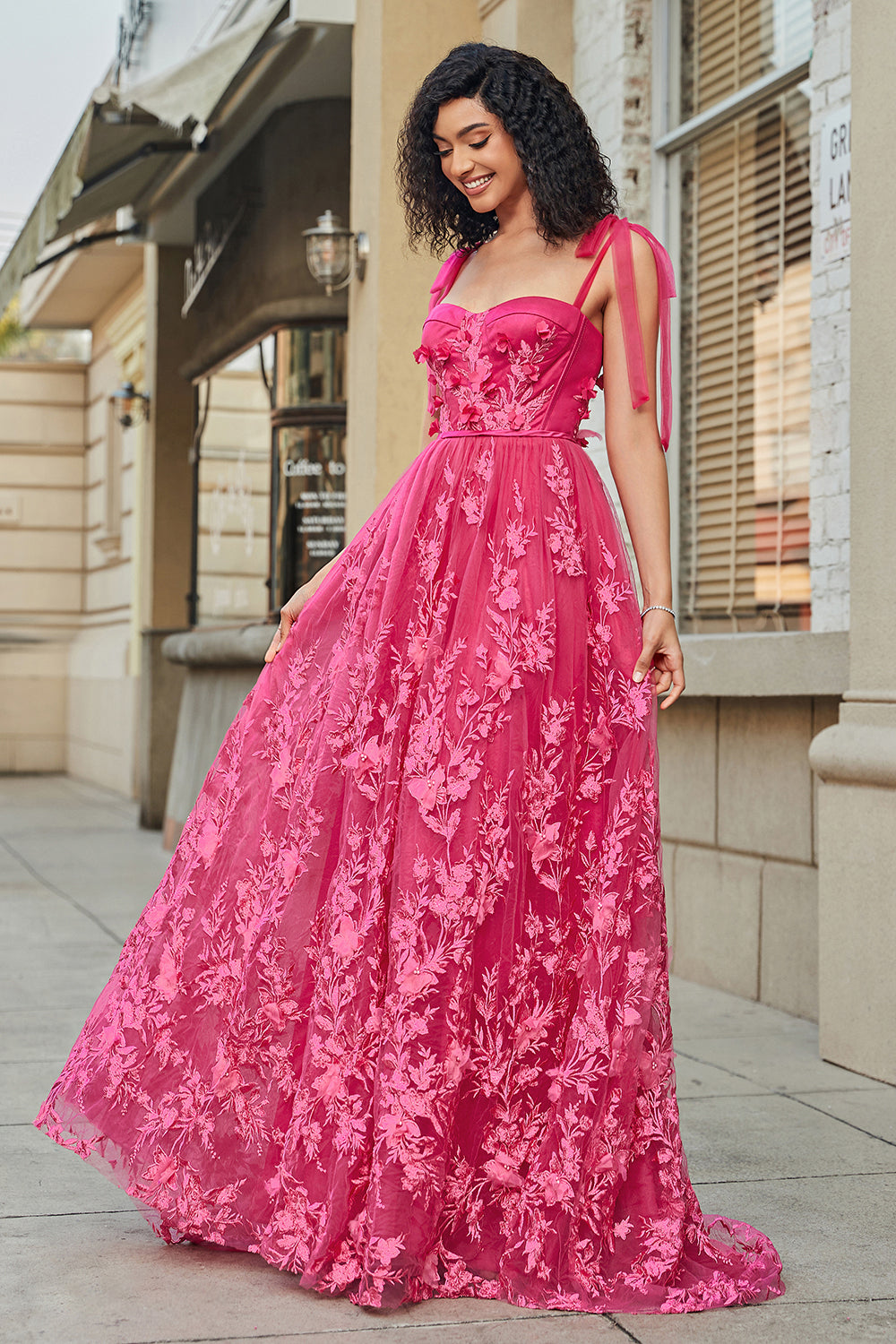 Spaghetti stropper Hot Pink A-Line Long Prom Kjole med Slit