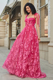 Spaghetti stropper Hot Pink A-Line Long Prom Kjole med Slit