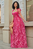 Spaghetti stropper Hot Pink A-Line Long Prom Kjole med Slit