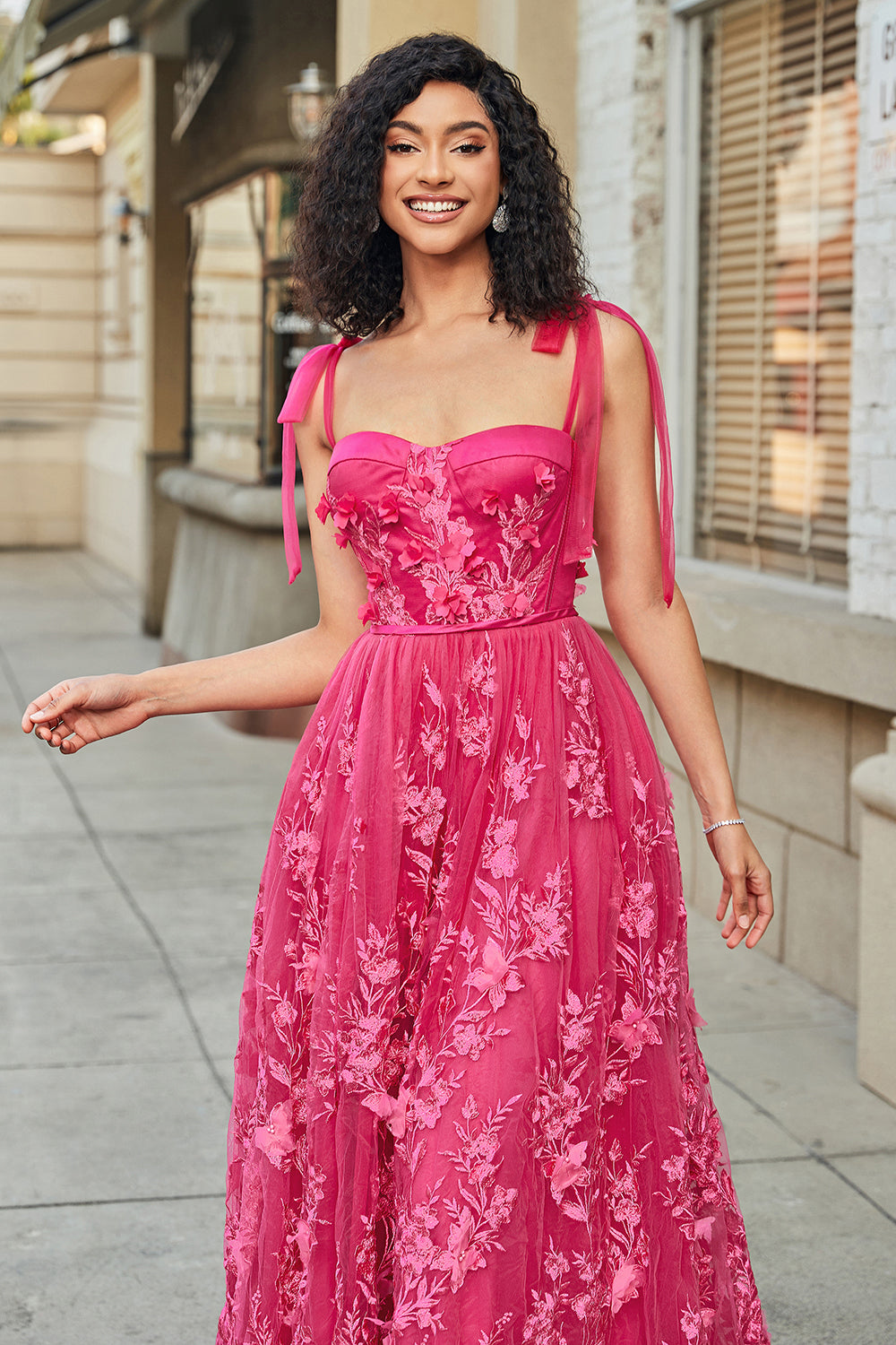 Spaghetti stropper Hot Pink A-Line Long Prom Kjole med Slit