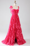 A-Line Spaghetti stropper Fuchsia Long Prom Kjole med Slit