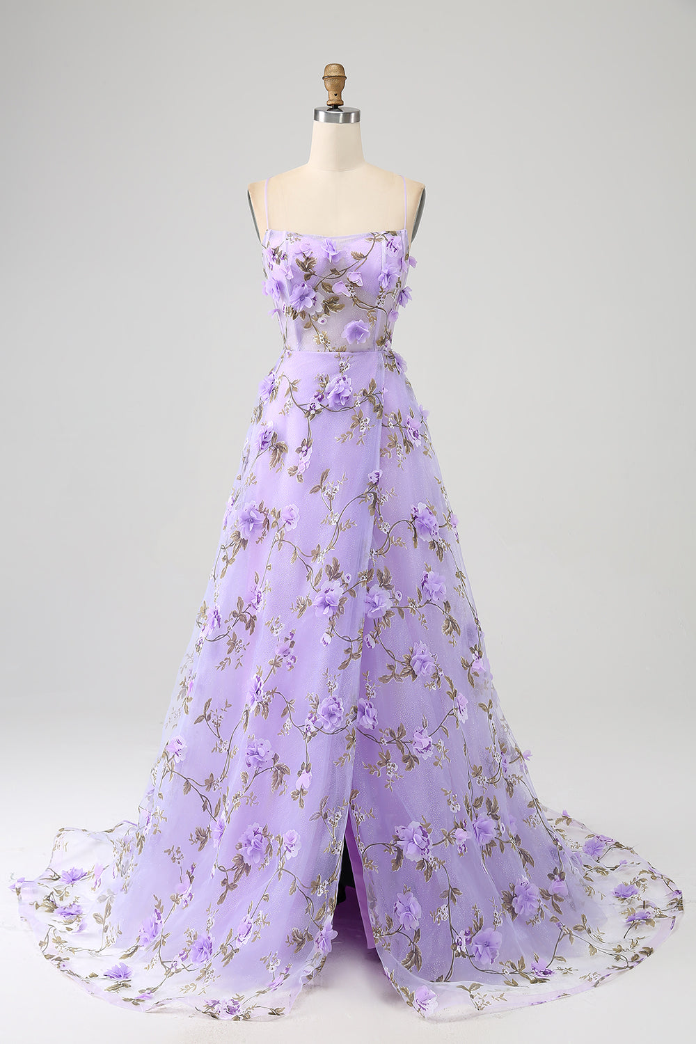 Lilac A-Line Spaghetti stropper Long Prom kjole med 3D blomster