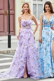 Nydelig A Line Spaghetti stropper Lilac Long Prom Kjole med 3D Blomster