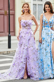 Nydelig A Line Spaghetti stropper Lilac Long Prom Kjole med 3D Blomster