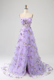 Lilac A-Line Spaghetti stropper Long Prom kjole med 3D blomster