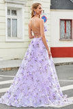 Nydelig A Line Spaghetti stropper Lilac Long Prom Kjole med 3D Blomster