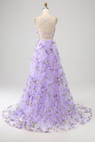 Lilac A-Line Spaghetti stropper Long Prom kjole med 3D blomster