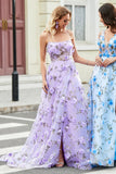 Nydelig A Line Spaghetti stropper Lilac Long Prom Kjole med 3D Blomster