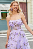 Nydelig A Line Spaghetti stropper Lilac Long Prom Kjole med 3D Blomster