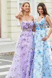 Nydelig A Line Spaghetti stropper Lilac Long Prom Kjole med 3D Blomster