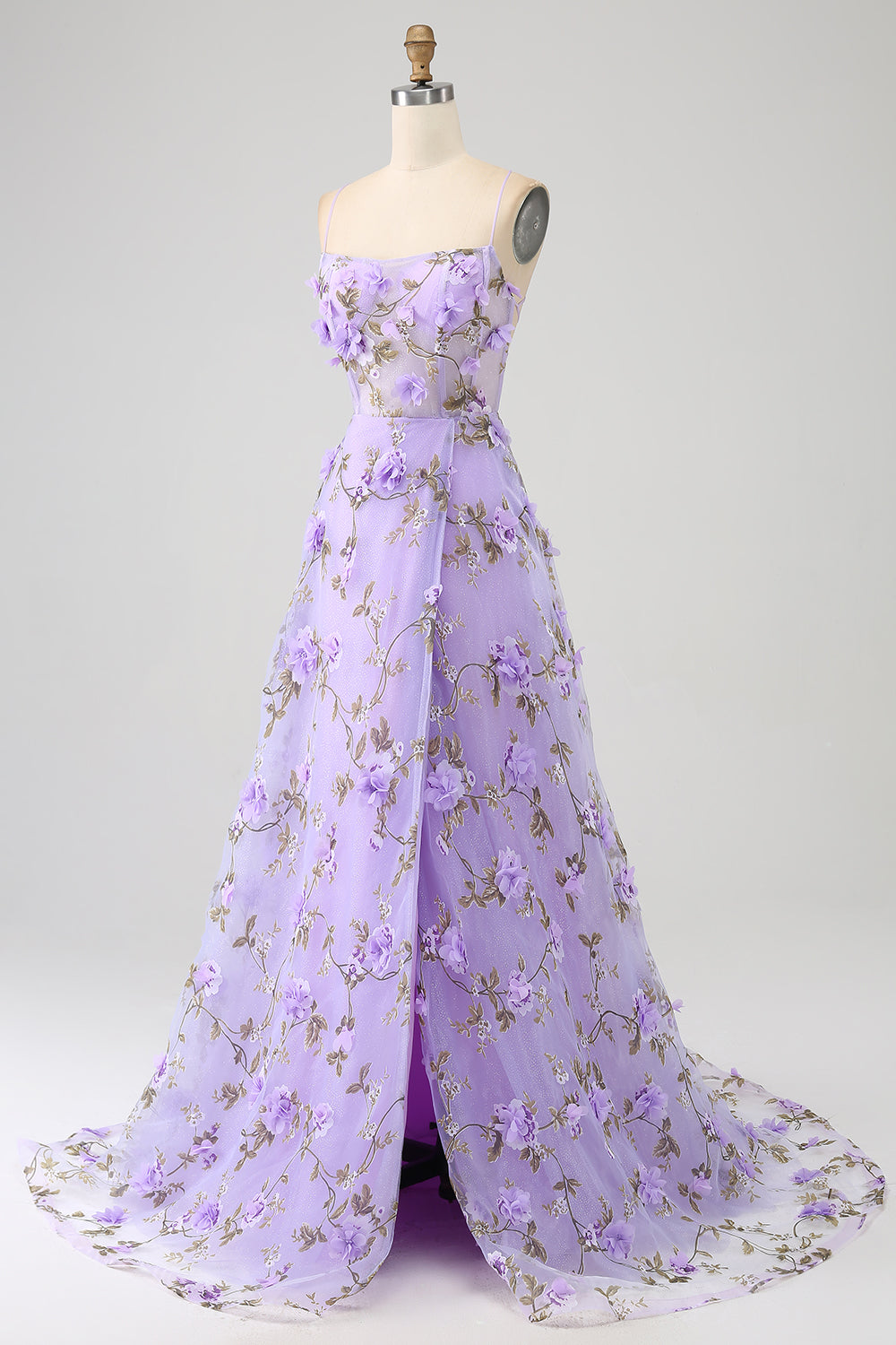 Lilac A-Line Spaghetti stropper Long Prom kjole med 3D blomster