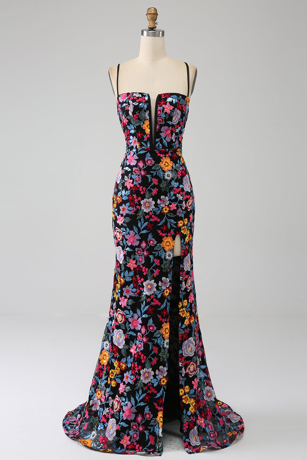 Havfrue spaghetti stropper svart blomst brodert ballkjole med side spalt