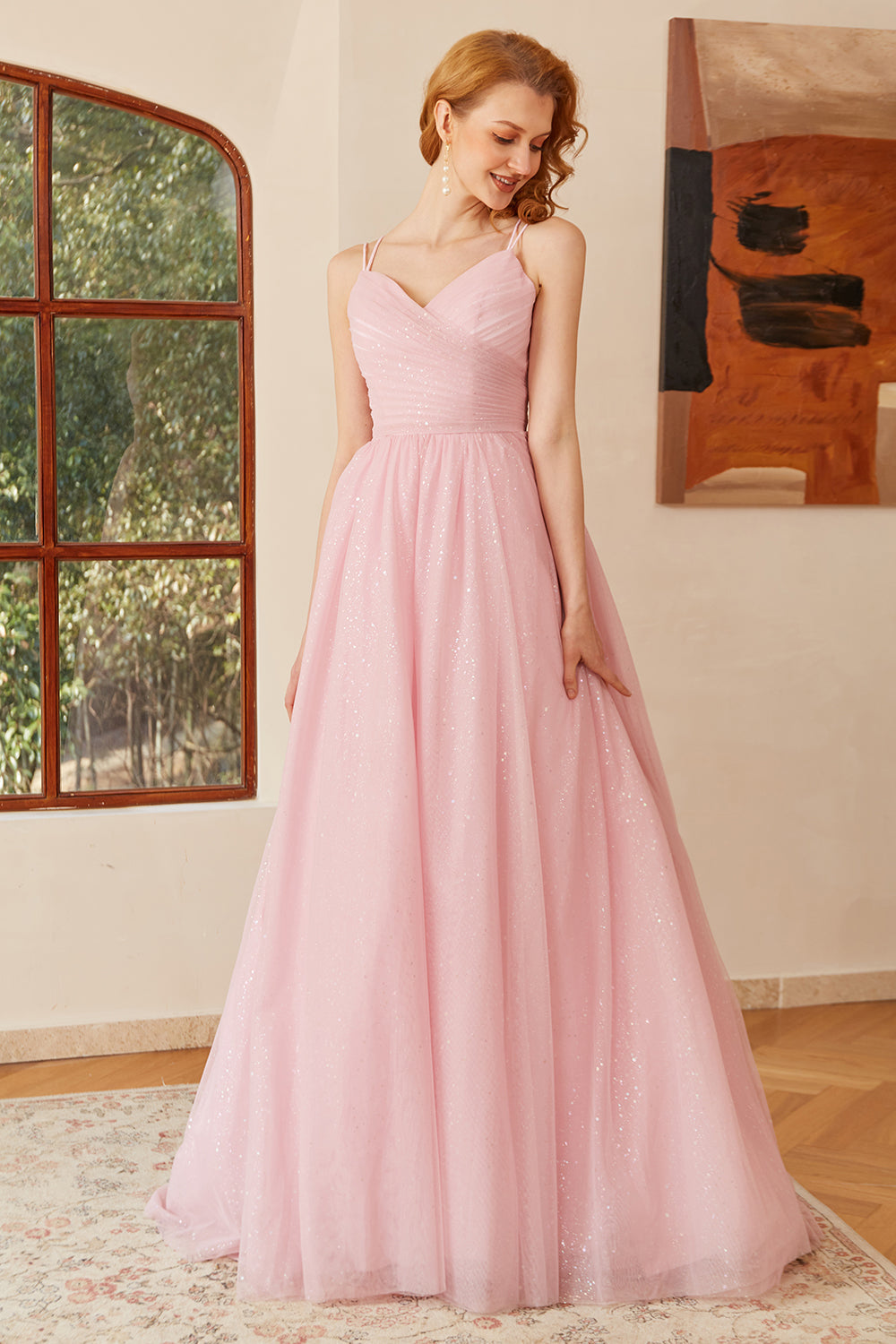 glitter rosa blonder opp ruched lang ballkjole