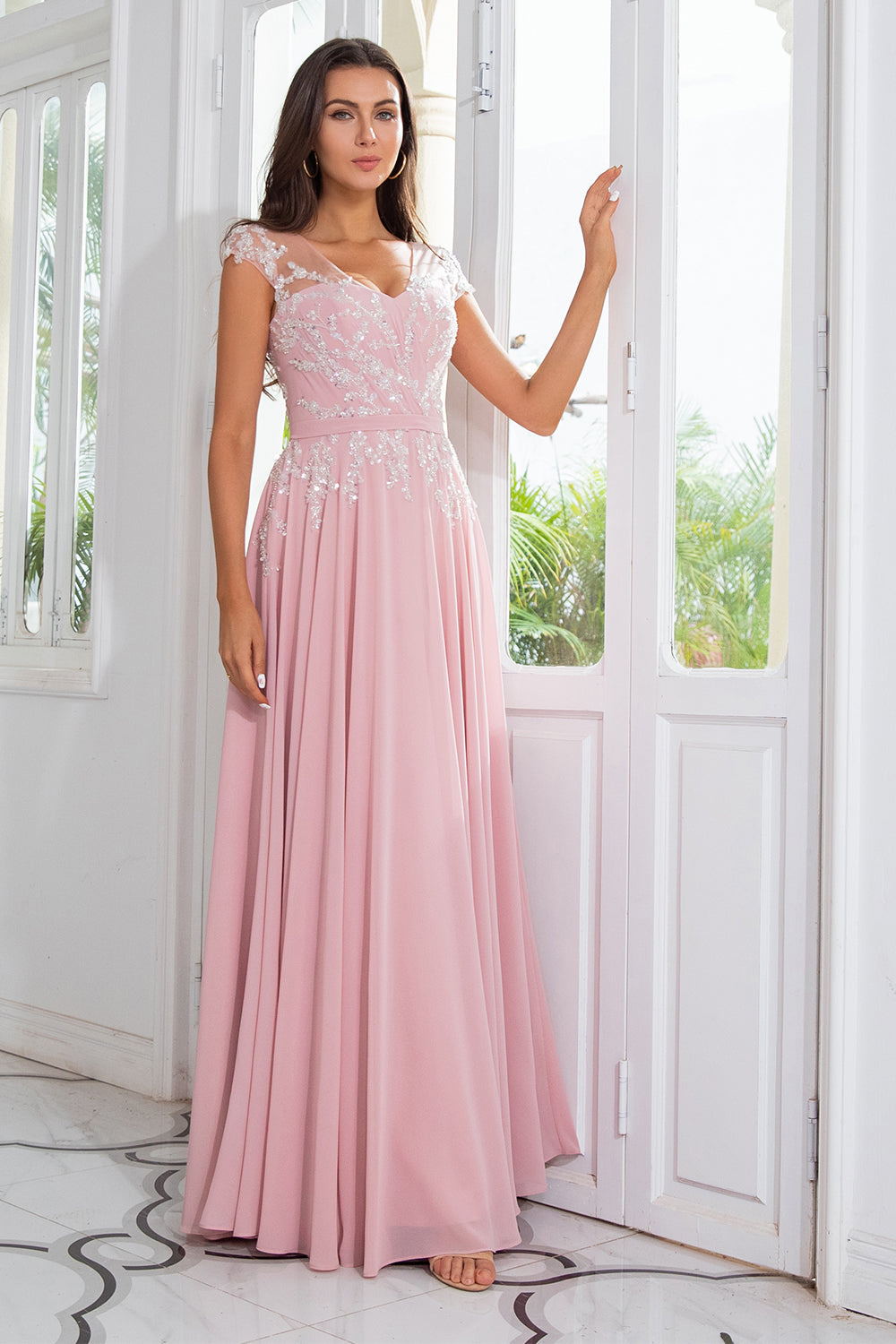 rosa beaded chiffon mor til bruden kjole