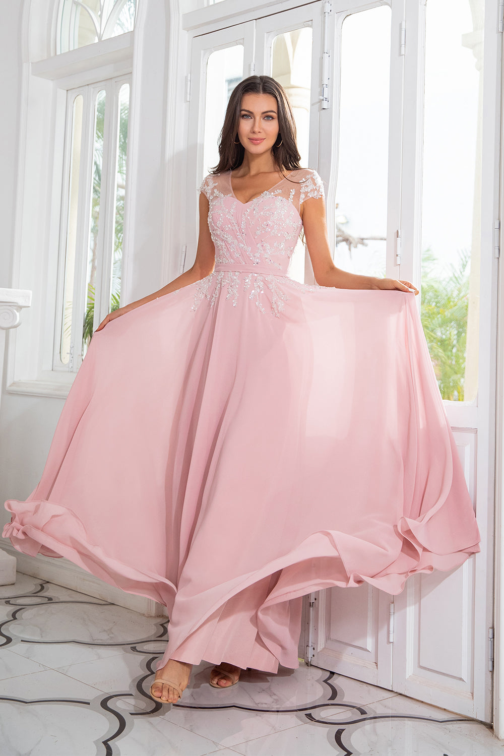 rosa beaded chiffon mor til bruden kjole