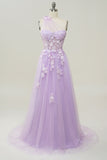 Himmelblå A Line One Shoulder Long Prom Kjole med Appliques