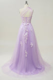 Himmelblå A Line One Shoulder Long Prom Kjole med Appliques