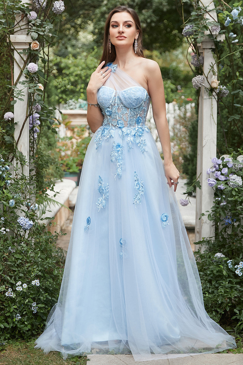 Himmelblå A Line One Shoulder Long Prom Kjole med Appliques
