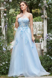 Himmelblå A Line One Shoulder Long Prom Kjole med Appliques