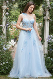 Himmelblå A Line One Shoulder Long Prom Kjole med Appliques