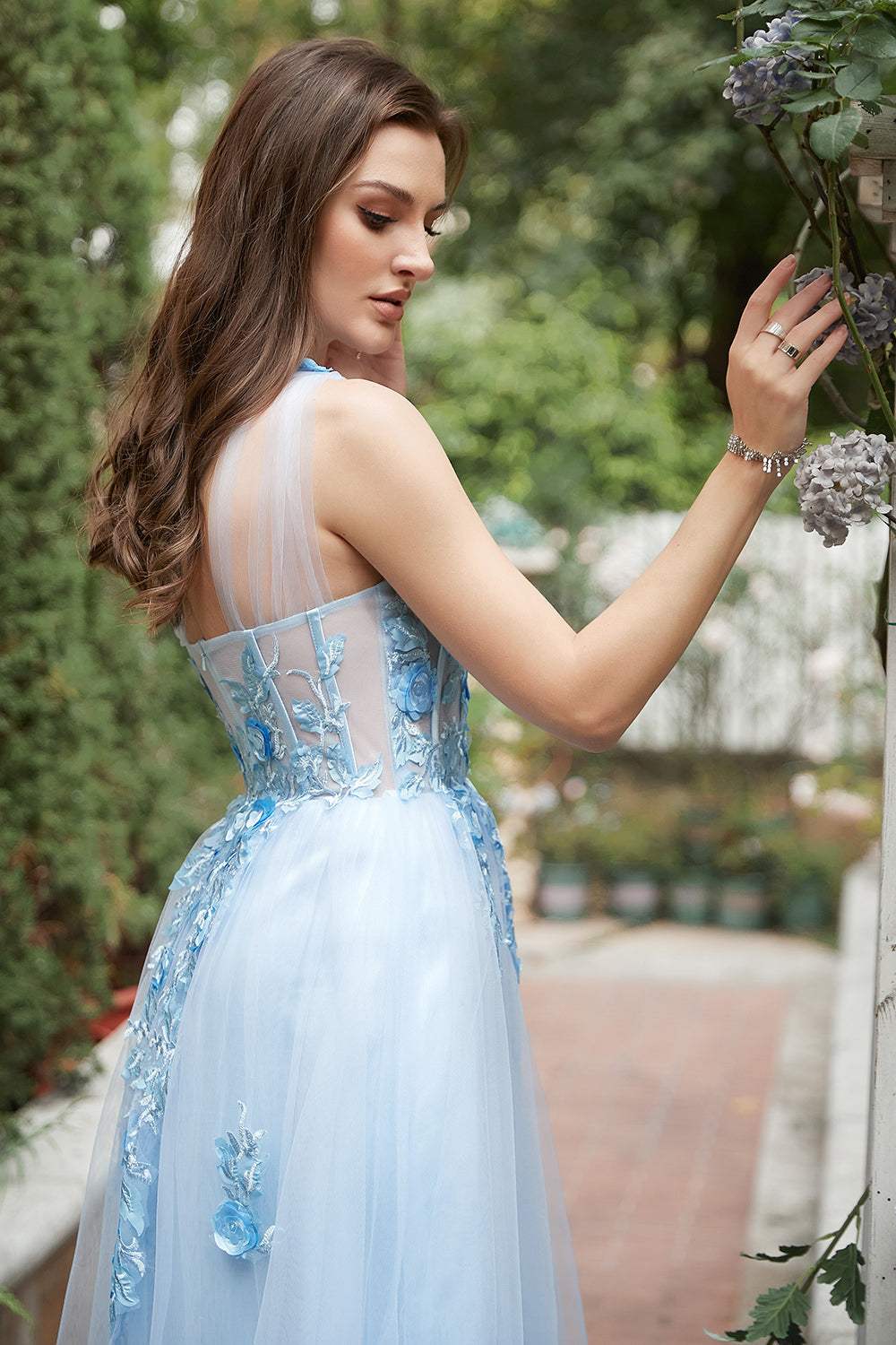 Himmelblå A Line One Shoulder Long Prom Kjole med Appliques
