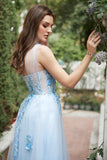 Himmelblå A Line One Shoulder Long Prom Kjole med Appliques