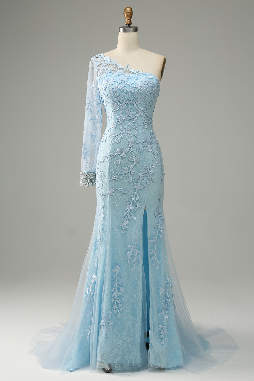 Sky Blue One Shoulder Mermaid Prom kjole med Appliques