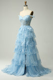 Princess A Line Off the Shoulder Pink Long Prom kjole med Appliques