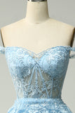 Princess A Line Off the Shoulder Blue Long Prom kjole med Appliques