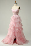 Princess A Line Off the Shoulder Pink Long Prom kjole med Appliques
