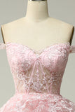 Princess A Line Off the Shoulder Pink Long Prom kjole med Appliques