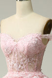 Princess A Line Off the Shoulder Pink Long Prom kjole med Appliques