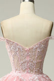 Princess A Line Off the Shoulder Pink Long Prom kjole med Appliques