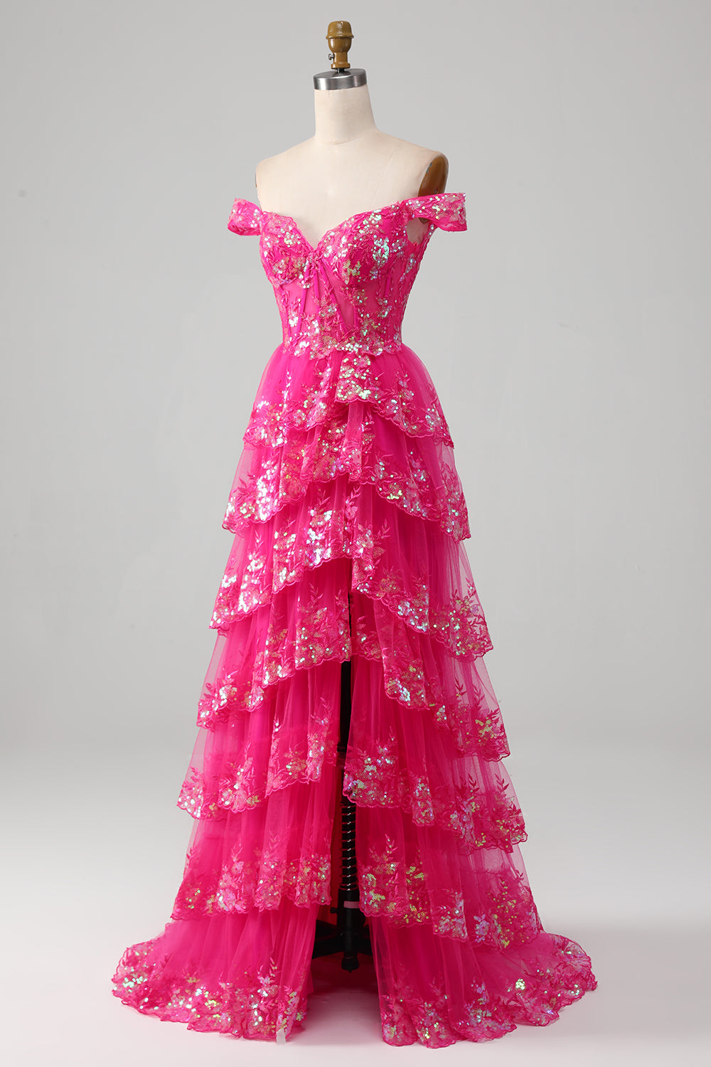 Av skulderen Fuchsia Prom kjole med paljetter