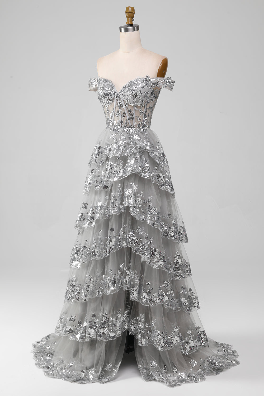 Off the Shoulder Grey Sparkly Tiered Prom Dress med Slit
