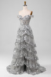 Off the Shoulder Grey Sparkly Tiered Prom Dress med Slit