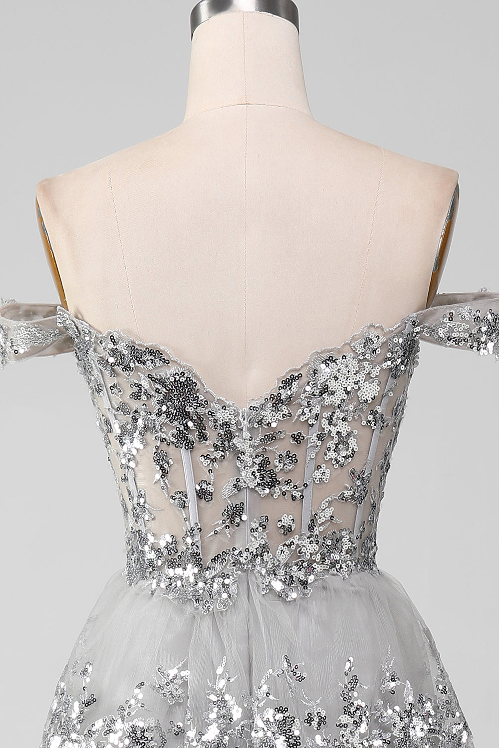 Off the Shoulder Grey Sparkly Tiered Prom Dress med Slit