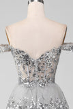 Off the Shoulder Grey Sparkly Tiered Prom Dress med Slit